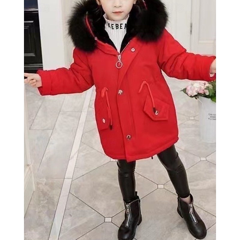 Kids Girls' Down Coat Solid Color Fashion Fur Trim Zipper Pocket School Coat Outerwear 4-12 Years Winter Black Red2