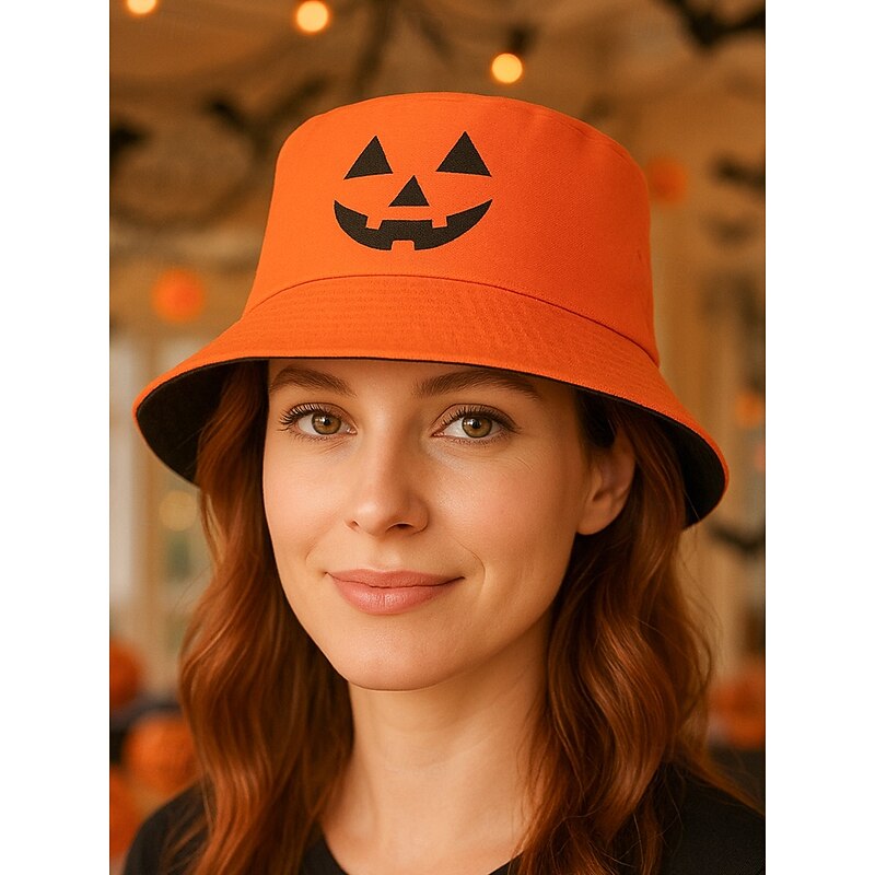 Unisex Halloween Reversible Bucket Hat – Double-Sided Pumpkin Face Print Fisherman Cap for Men and Women, Casual Party Costume and Outdoor Wear