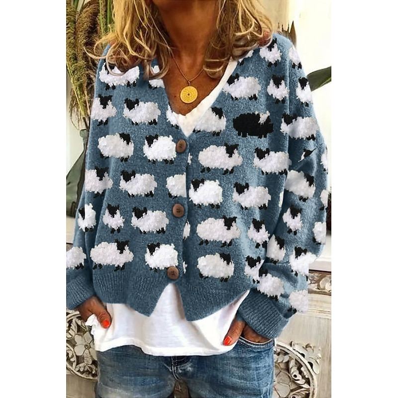 Women's Cardigan Sweater Knitted Ribbed Button Front V Neck Long Sleeve Lightweight Elegant Streetwear Graphic Geometric Buttons Print Tops Knit Outdoor Daily Weekend Navy Blue Blue Spring Fall3