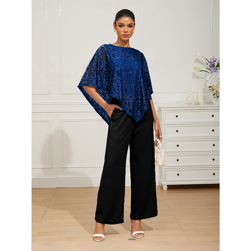 Women's Blouse Dressy Tops Elegant Half Sleeve Crew Neck Regular Tops Wedding Guest Daily Lace Patchwork Layered Royal Blue Summer Spring Fall3