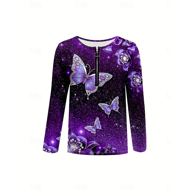 Women's T Shirt Ombre Graphic Animal Elegant Vintage Stylish Long Sleeve Round Neck Notched Neck Regular Tops Daily Weekend Zipper Print Purple Spring Fall Winter2