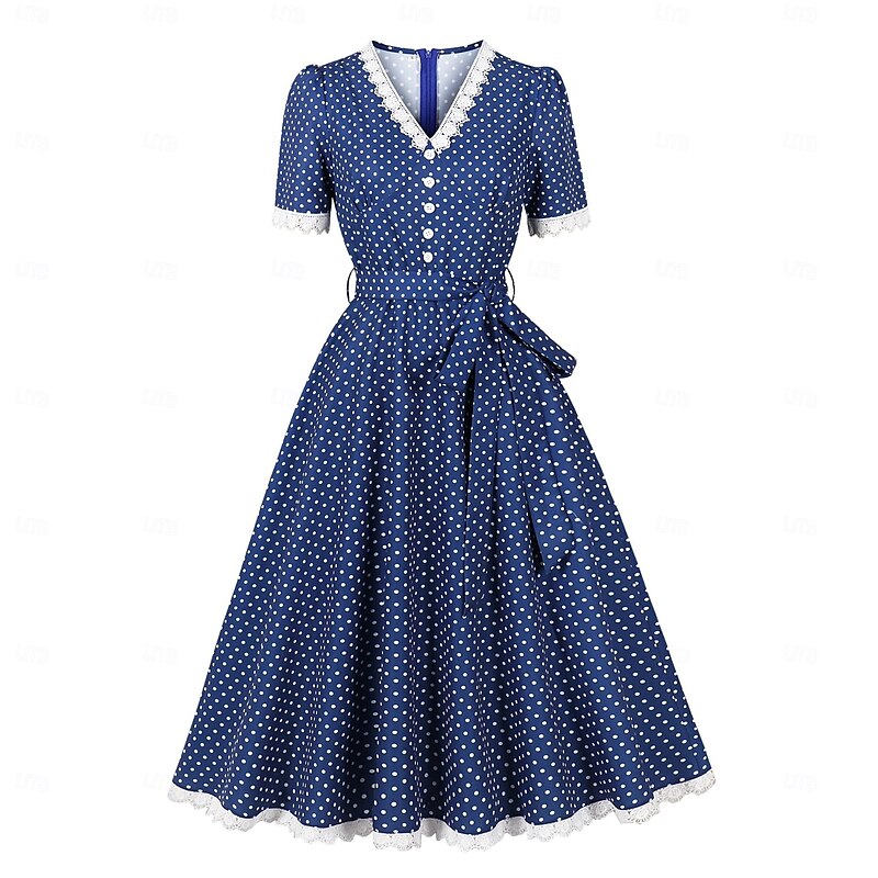 Elegant Vintage 1950s Midi Dress Fit and Flare Polka Dot V Neck Fancy Dress Women's Christmas Valentine's Day Masquerade Party Casual Adults Dress Belt Spring & Summer