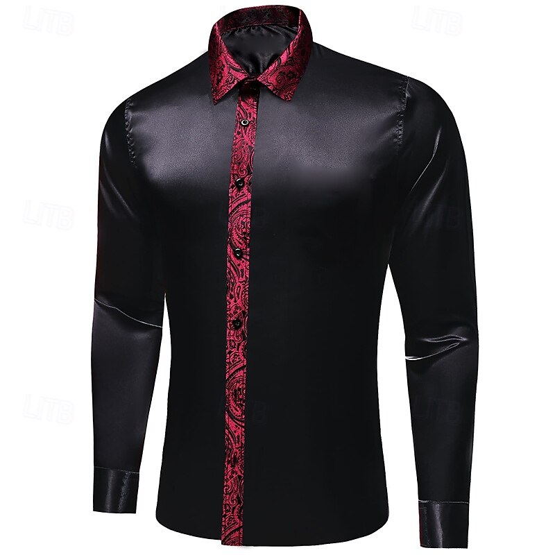 Men's Shirt Silk Like Satin Shirt Casual Shirt Button Up Shirt Prom Shirt Plain Formal Wedding Black Long Sleeve Lapel Spring &  Fall All Seasons Clothing Apparel Patchwork