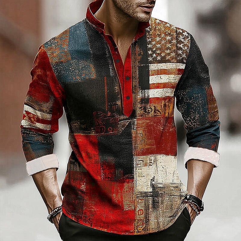 Men's Geometric Color Block Patchwork Shirt Henley Shirt Stand Collar Shirt Long Sleeve Vintage Retro Vacation Casual Summer Spring Mandarin Buttons Linen Like Shirt Red Blue Purple Orange Green