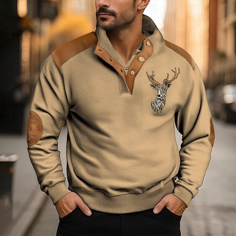 Men's Sweatshirt Navy Blue Brown Khaki Dark Gray Crew Neck Color Block Elk Patchwork Print Sports & Outdoor Daily Holiday Polyester Streetwear Basic Casual Spring Fall Clothing Apparel Hoodies2