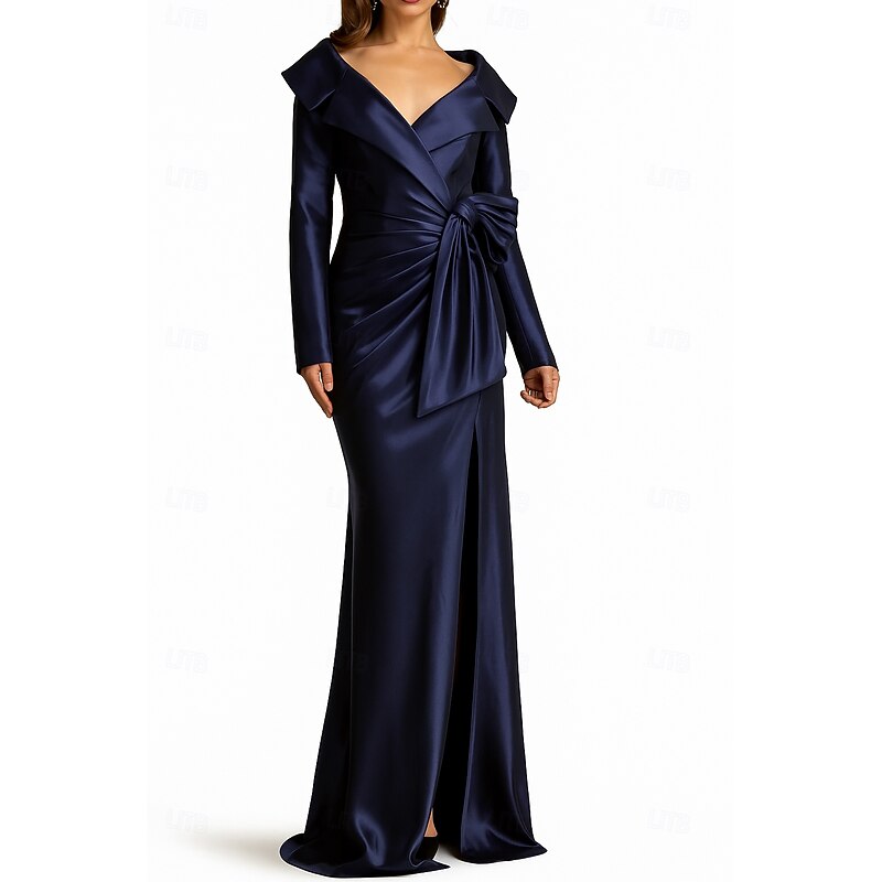 Blue Red A-Line Evening Gown Elegant Dress Formal Wedding Floor Length Long Sleeve Lapel Pocket Stretch Satin with Glitter Bow(s) 2025