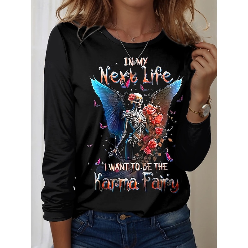 Halloween Women's T Shirt Skulls Floral Graphic Vintage Fashion Casual Long Sleeve Crew Neck Regular Tops Daily Weekend Print Pink Red Blue Khaki Spring Fall3