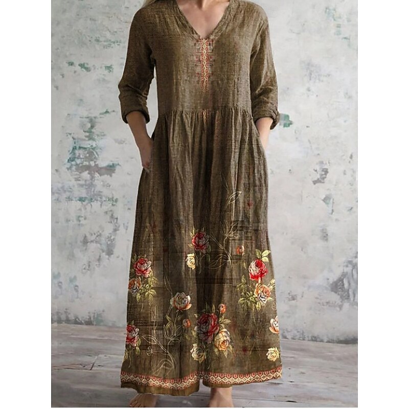 Women's Midi Dress A Line Dress Casual Daily Regular Fit Floral 3/4 Length Sleeve V Neck Yellow Dark Green Brown Green Summer Spring Fall4