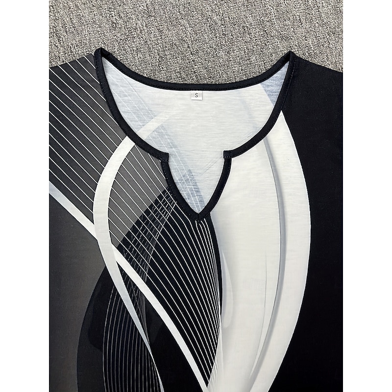Women's T Shirt Graphic Abstract Geometry Vintage Stylish Classic Long Sleeve V Neck Notched Neck Regular Tops Daily Weekend Print Black and White Spring Fall Winter3