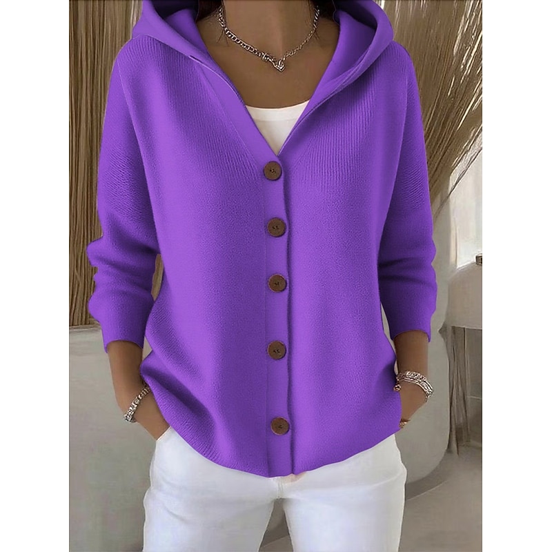 Women's Sweater Cardigan Elegant Fashion Streetwear Pure Color Hooded Knitted Long Sleeve Regular Tops Knit Outdoor Daily Weekend Black White Fall Winter4