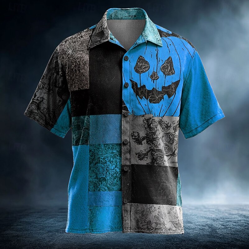 Halloween Men's Pumpkin Patchwork Shirt Summer Shirt Button Up Shirt Short Sleeve Dark Gothic Style Holiday Streetwear Summer Spring Turndown 3D Print Collared Shirts Yellow Blue Orange Green2
