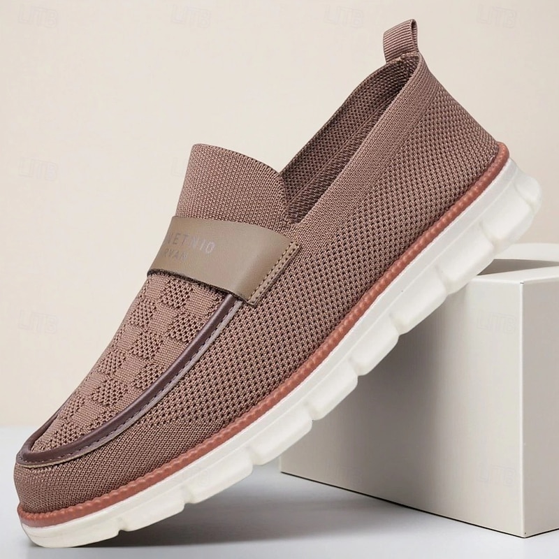 Men's Brown Flyknit Loafers with Comfort Sole, Casual Slip-On Shoes for Business Casual, Travel and Daily Outfits