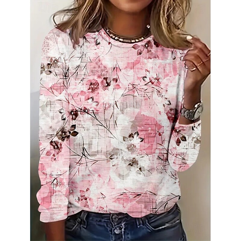 Women's T shirt Crew Neck Long Sleeve Tunic Floral Graphic Plants Vintage Stylish Classic  Round Neck Regular Tops Daily Print Black White Yellow Pink Blue Fall3
