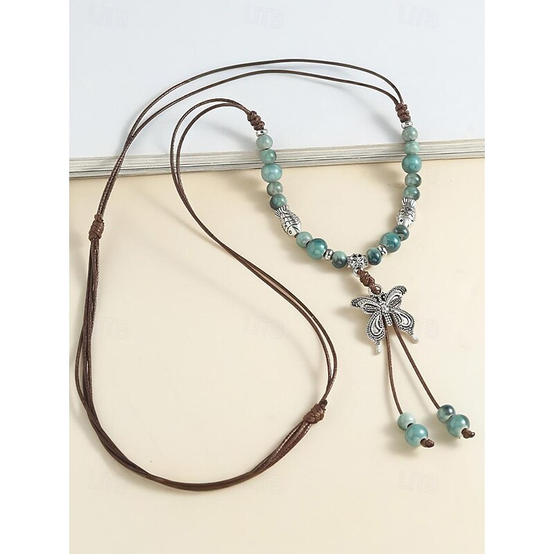 Women's Adjustable Ceramic Bead Butterfly Pendant Necklace – Bohemian Long Rope Jewelry for Casual Wear, Gifts and Festivals3