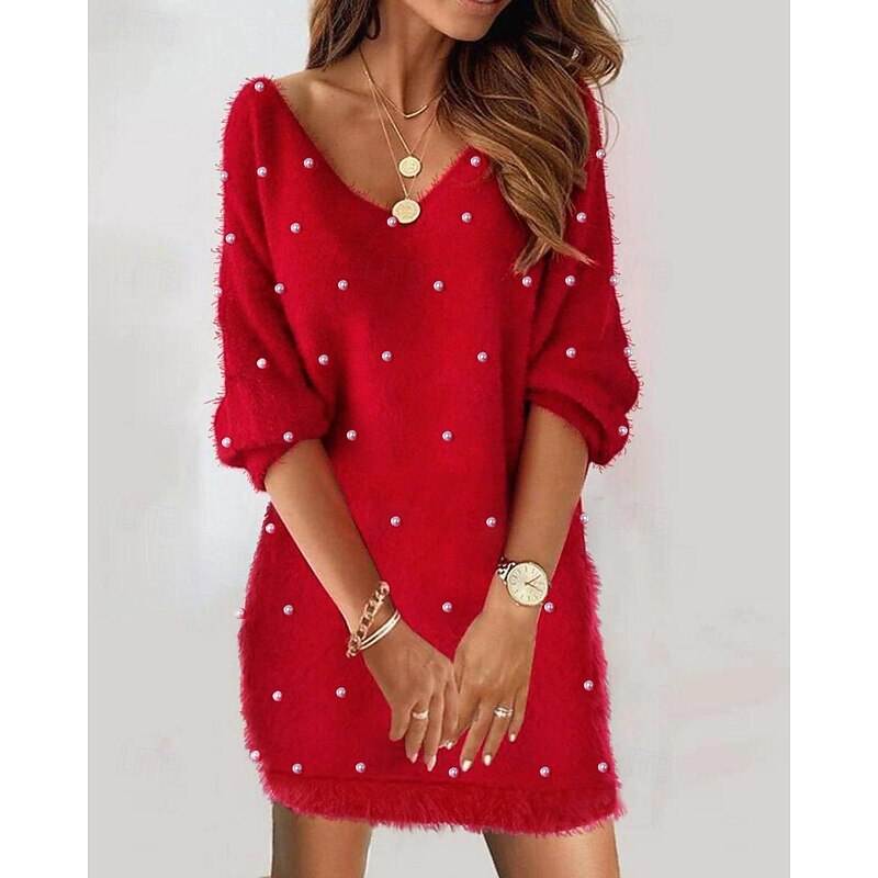 Women's Mini Dress Casual Dress Fashion Classic Modern Outdoor Vacation Holiday Regular Fit Plain Long Sleeve V Neck Red Summer