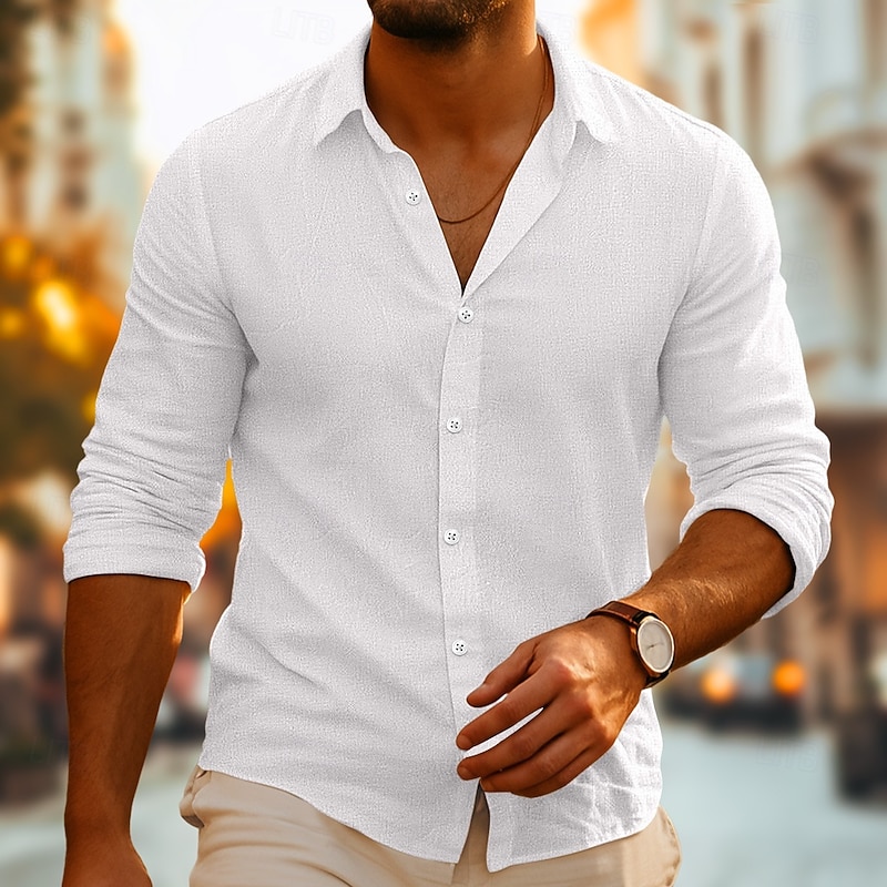 Men's Shirt Linen Shirt Summer Shirt Beach Wear Button Up Shirt Plain Vacation Casual White Pink Green Khaki Long Sleeve Turndown Summer Spring Clothing Apparel2