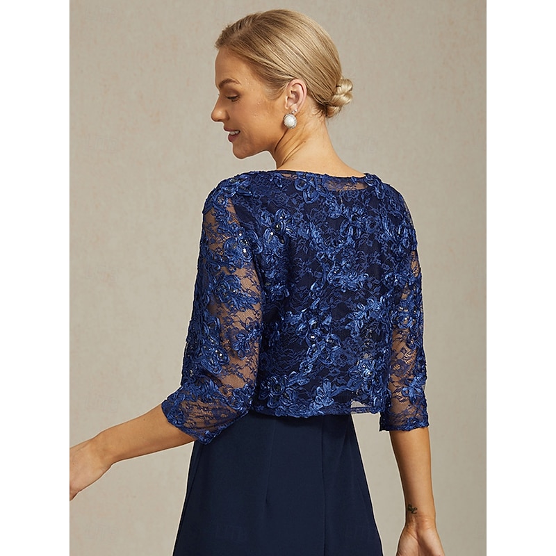 Women's Jacket Blazer Lace Embroidered Sequin Illusion Lace Elegant Floral Formal Anniversary Party Wedding Guest Open Front Short Crewneck Regular Fit 3/4 Length Sleeve Outerwear Navy2