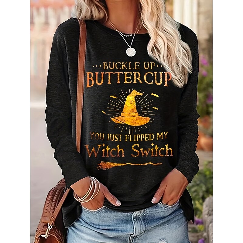 Halloween Women's T shirt Witch Graphic Letter Vintage Stylish Classic Long Sleeve Crew Neck Regular Tops Daily Print Black Blue Gray Spring Fall Winter4