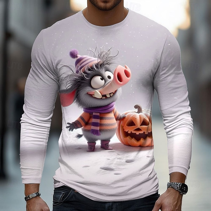 Halloween Men's Animal Pumpkin 3D T Shirt Long Sleeve T shirt 3D Print Crew Neck Shirt Fashion Exaggerated Street Casual Daily Light Blue Blue 1# Khaki Summer Spring Fall Clothing Apparel S M L XL3