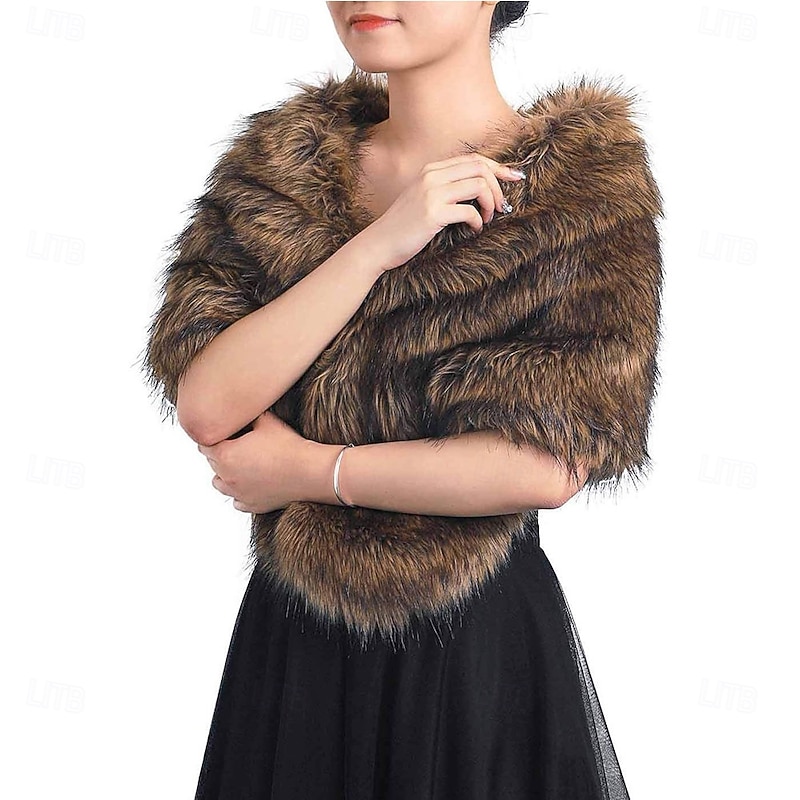 Women's Faux Fur Shawls and Wraps Bride Wedding Sleeveless 1920s Fur Scarf Bridal Fur Stoles with Brooch Winter Fur Caplet for Brides and Bridesmaids
