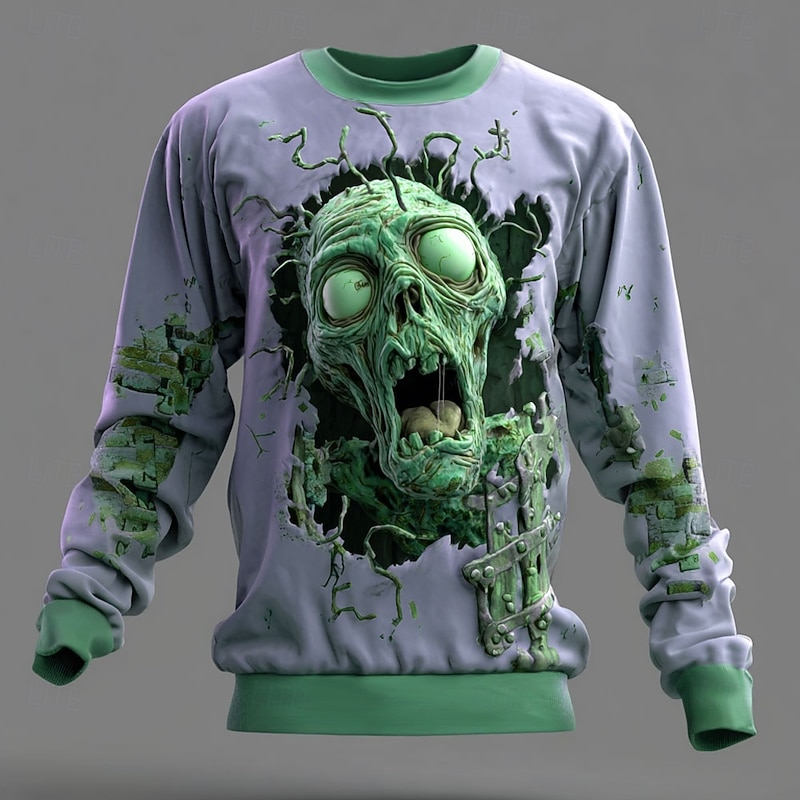 Halloween Men's 3D Zombies Sweatshirt Punk Party Crew Neck Vacation Light Green Purple Crewneck 3D All Seasons Designer3