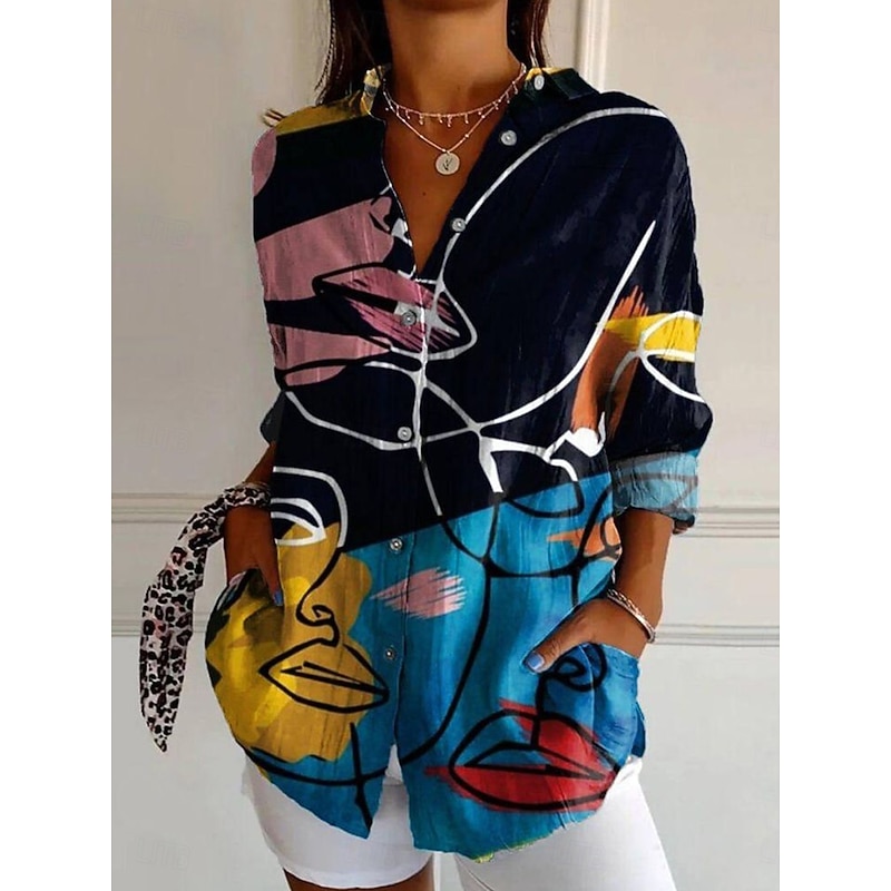 Women's Shirt Graphic Geometric Abstract Vintage Daily Casual Long Sleeve Shirt Collar Regular Tops Daily Holiday Print Black Pink Red Blue Summer Spring2