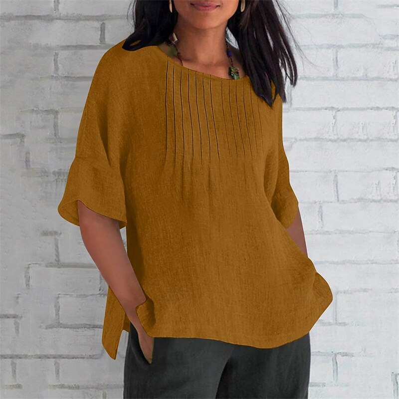 Women's Texture Blouse T Shirt Plain Casual 3/4 Length Sleeve Round Neck Regular Tops Daily Going out Weekend Patchwork Wine Army Green Light Brown Brown Green Fall3