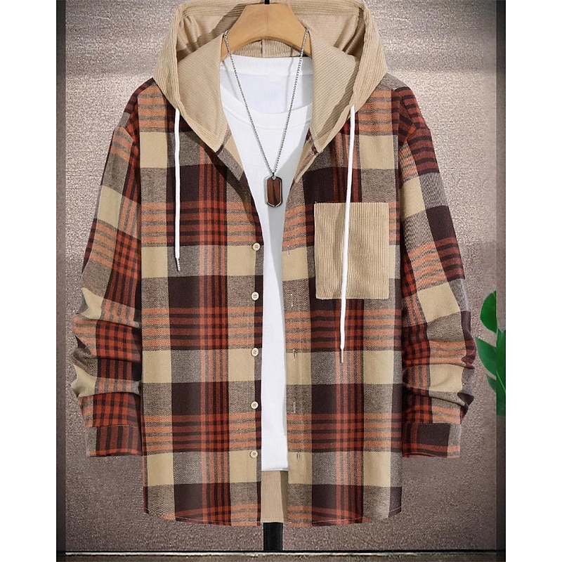 Men's Shacket Shirt Jacket Winter Jacket Plaid Vacation Daily Wear Black Red Blue Khaki Long Sleeve Hooded Fall Winter Clothing Apparel Drawstring