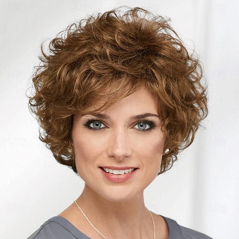 Short Wavy Brown Wigs for Women Fluffy Wavy Layered Wigs Synthetic Heat Resistant Halloween Cosplay Hair Wig with Wig CapAuburn Brown
