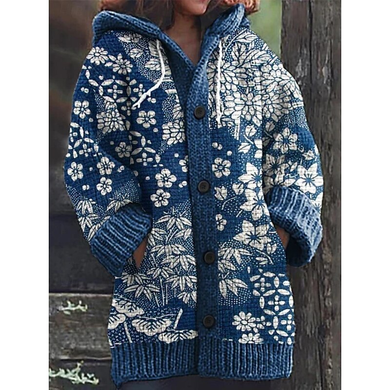 Women's Cardigan Vacation Daily Floral Ribbed Hooded Knitted Print Front Pocket Long Sleeve Regular Tops Knit Outdoor Daily Holiday Yellow Royal Blue Fall Winter3