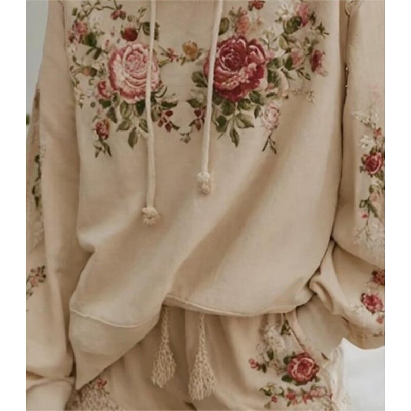 Women's 3D Print Vintage Boho Hoodie Patchwork Hoodie Sweatshirt Floral Pullover Sweatshirt Oversized Casual Graphic Floral Warm Active Hooded Street Dailywear Patchwork Beige Spring Fall Winter2