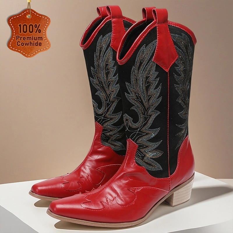 Men's Red and Black Western Cowboy Boots – Embroidered Tall Rodeo Boots for Country Music Festivals, Line Dancing and Farm Style Outfits