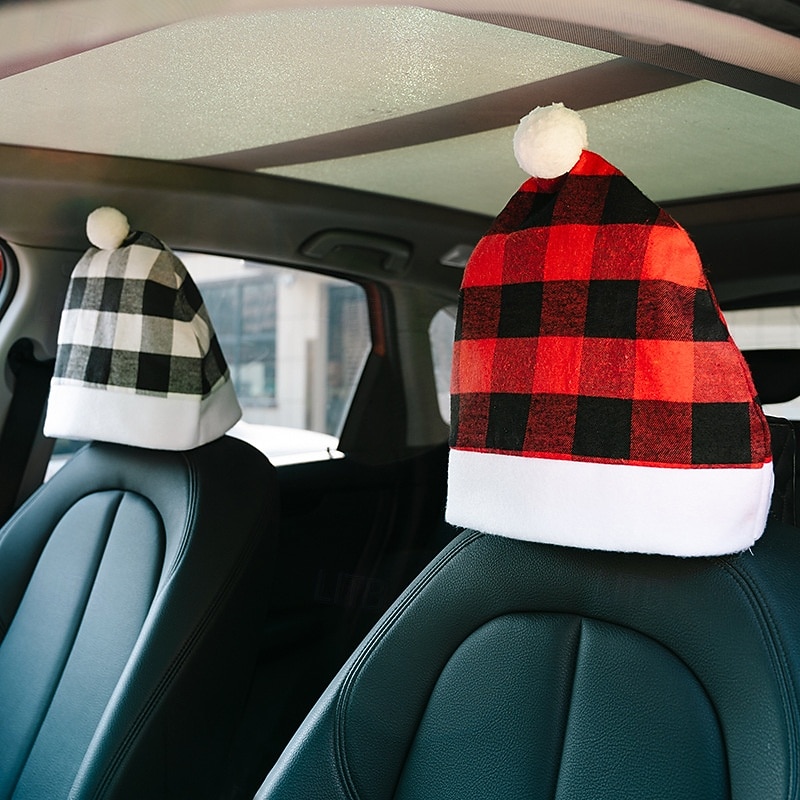 2Pcs Christmas Car Seat Covers Set, Thickened Red and Black Plaid Automotive Seat Back Covers with Headrest and Cushion Covers, Holiday Vehicle Interior Decor