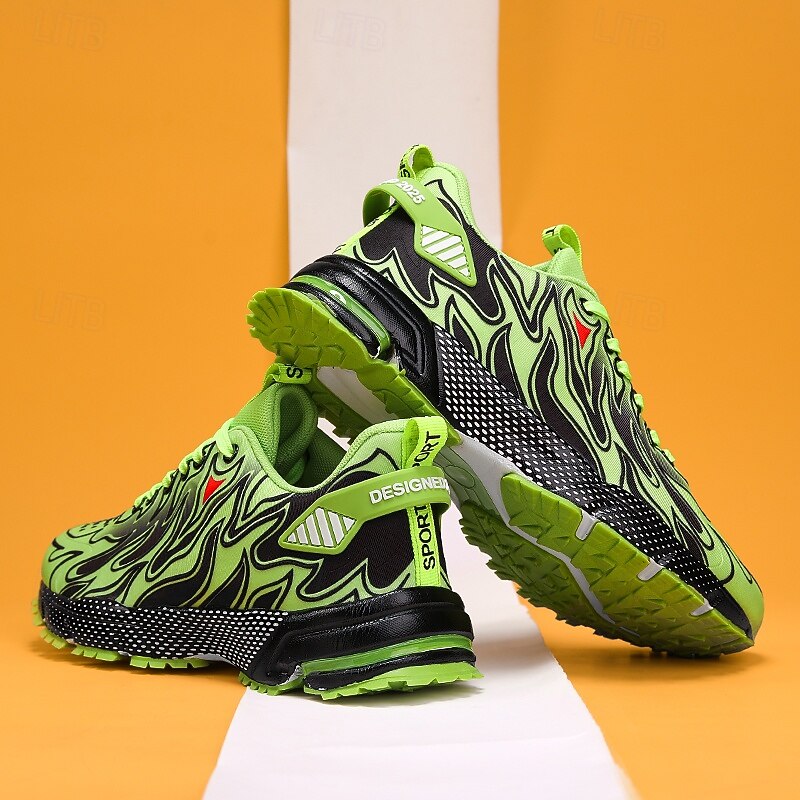Men's Neon Green Flame Pattern Sneakers – Trendy Breathable Sports Shoes for Streetwear, Running and Outdoor Activities3