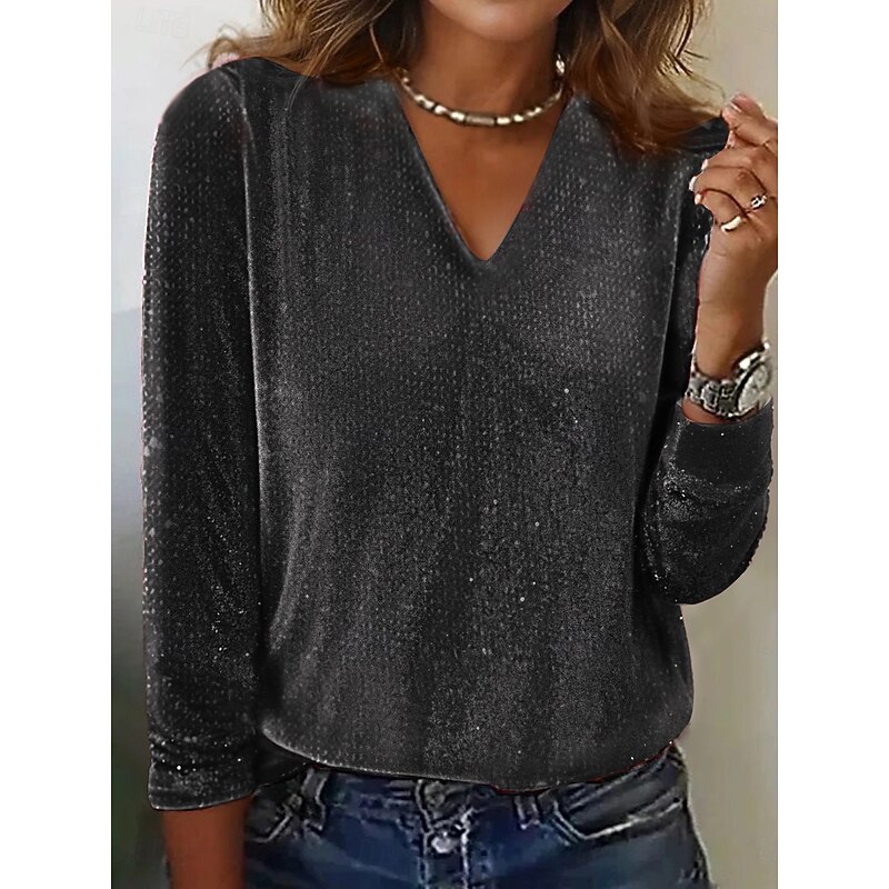 Women's Shirt Blouse Plain Basic Modern Long Sleeve V Neck Regular Tops Daily Holiday Sequins Silver Black Yellow Pink Red Summer2