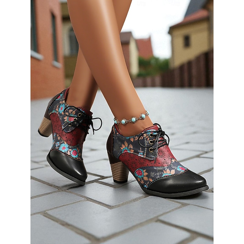 Women's Vintage Floral Lace-Up Oxford Shoes – Multi-Color Faux Leather and Fabric Patchwork Chunky Heel Oxfords with Round Toe, Retro Victorian Style for Casual Wear, Parties, and Fall Winter Outfits4