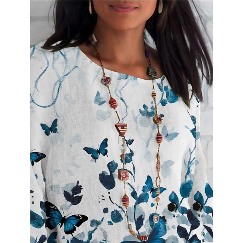 Women's Shirt Butterfly Daily Casual 3/4 Length Sleeve Crew Neck Regular Tops Daily Holiday Print Black White Summer Spring Fall2