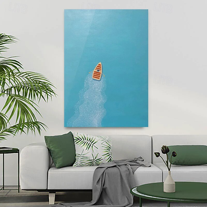 Handmade Oil Painting Canvas Wall Art Decoration Abstract Minority Healing Style Blue Sea Boating Landscape for Home Decor Rolled Frameless Unstretched Painting4