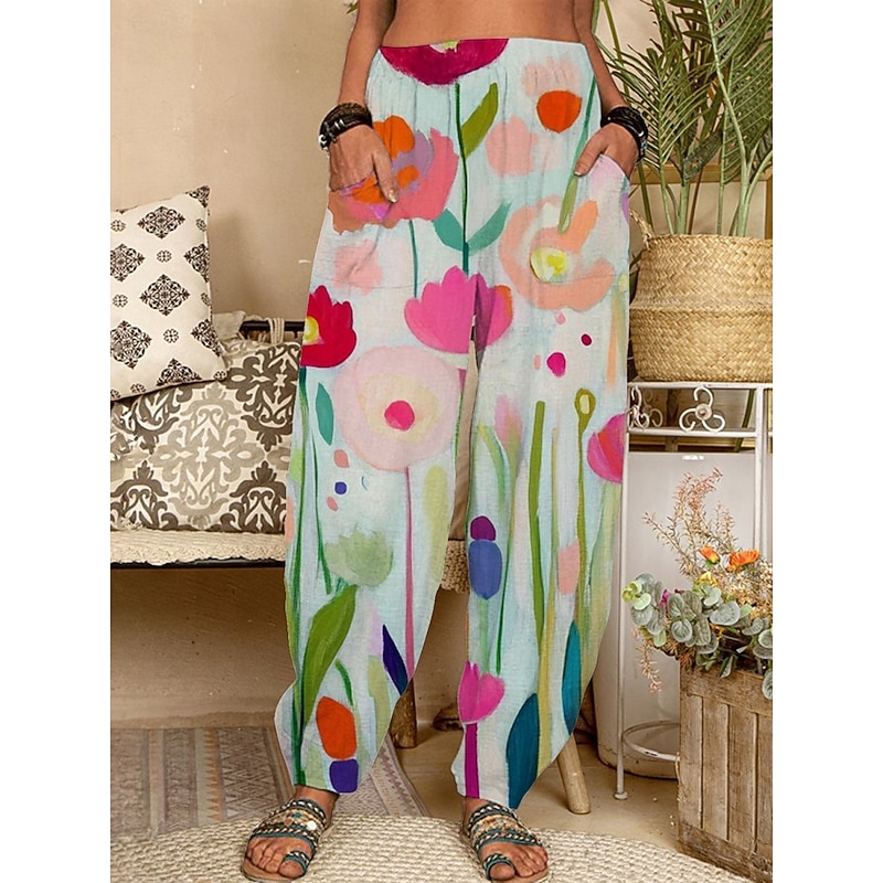 Women's Chinos Pants Trousers Active Fashion Long High Waist Floral Pocket Elastic Waist Printing Breathability Soft Micro-elastic Vacation Street Daily Wear Pink Red Spring Fall Regular Fit3