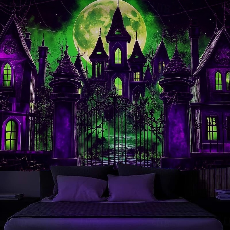 HallAoween Blacklight Tapestry UV Reactive Glow in the Dark Forest Trippy Mountain Misty Graveyard Ghost Hanging Tapestry Wall Art Mural for Living Room Bedroom