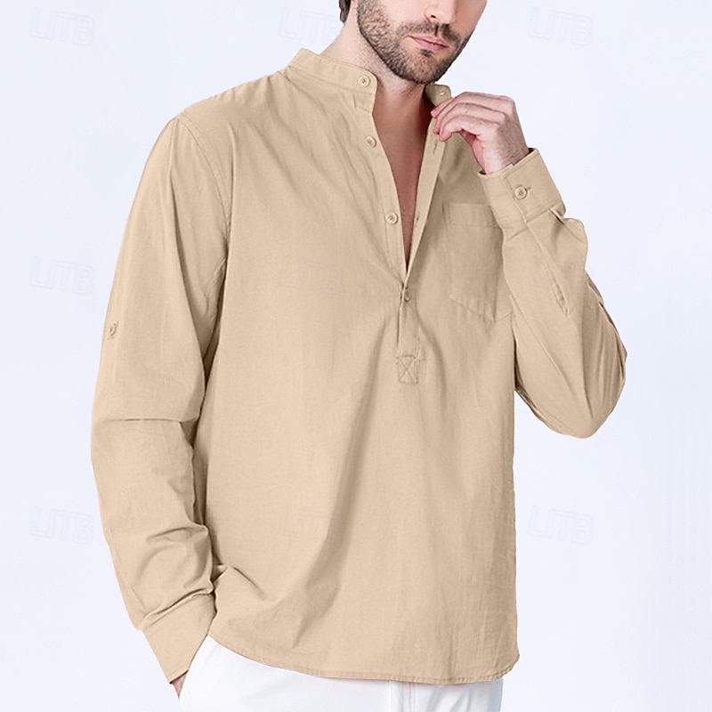 Men's Shirt Band Collar Shirt Popover Shirt Casual Shirt Black White Yellow Royal Blue Sky Blue Long Sleeve Plain Henley Vacation Daily Front Pocket Clothing Apparel Fashion Streetwear3