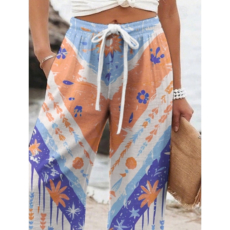 Women's Wide Leg Pants Trousers Vacation Casual Long High Waist Leaf Geometic Elastic Waist Printing High Cut Breathability Soft Micro-elastic Vacation Street Daily Wear Yellow Orange Spring Fall3