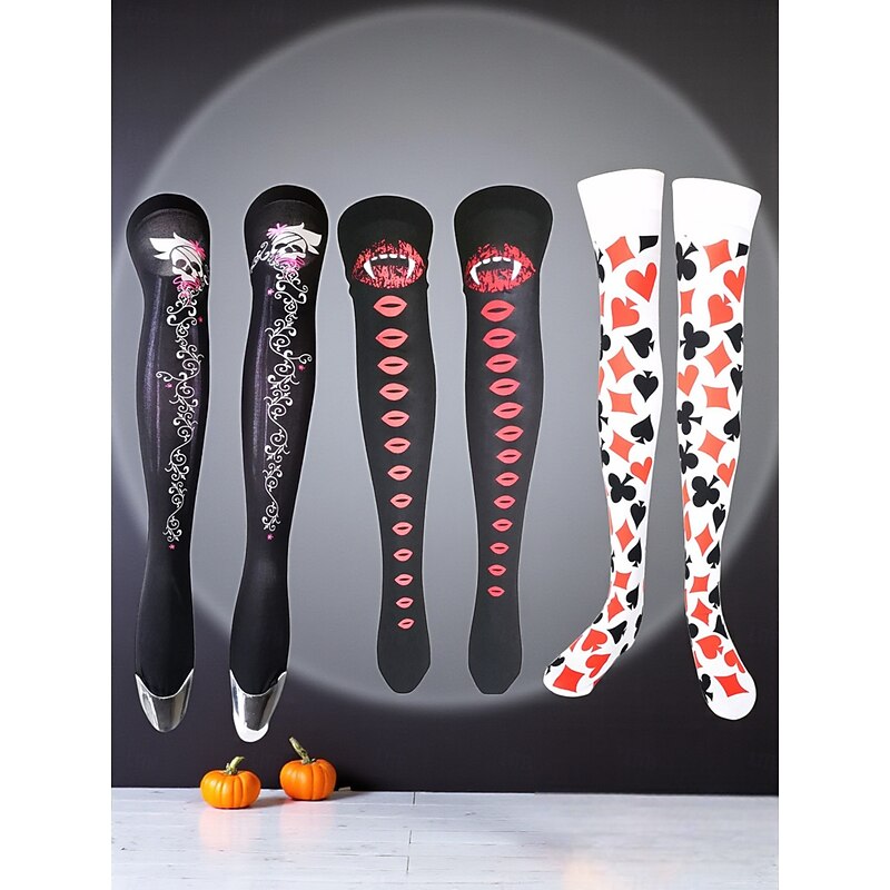 Women's Halloween Over-the-Knee Socks with Gothic Skull, Vampire and Card Print - Fun Nightlife Party Hosiery for Costume and Cosplay Outfits3