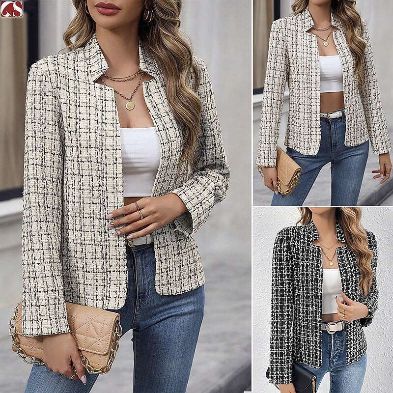 Women's Winter Jacket Comfortable Breathable Patchwork Casual Plaid Vacation Street Daily Wear Going out Open Front Regular Stand Collar Regular Fit Long Sleeve Outerwear Black And White Apricot Gray