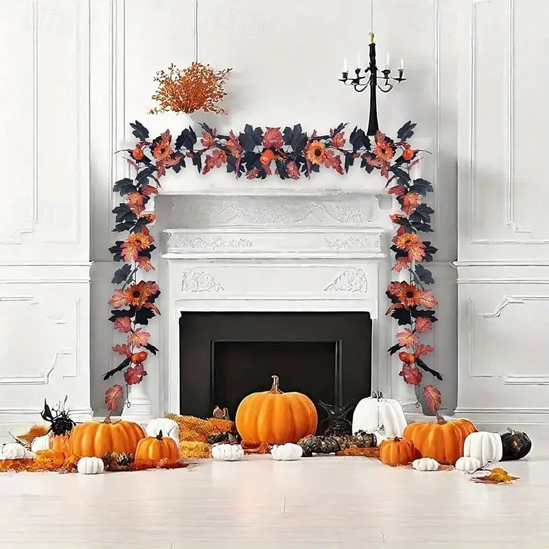 6ft Black Maple Leaf Rattan Garland Realistic Artificial Foliage with Orange, White, Pumpkin & Red Sunflower for Halloween Thanksgiving Christmas Party Decor2