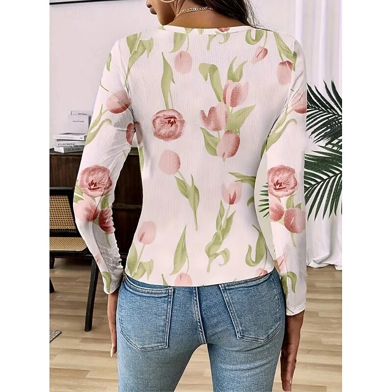Easter Women's Tunic Floral Graphic Plants Vintage Fashion Stylish Long Sleeve Square Neck Regular Tops Daily Print White Light Green Pink Spring Fall4