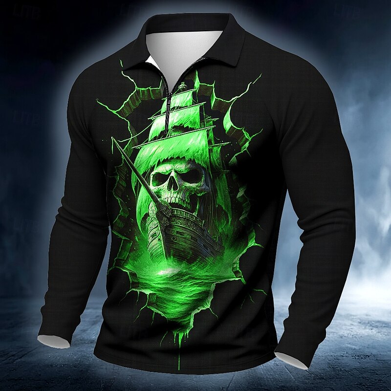 Day of the Dead Men's Haunted Pirate Ship Polo Long Sleeve Polo Shirts Casual Dark Outdoor Street Daily Wear 3D Print Quarter Zip Polo Spring Fall Winter Lake blue Red Blue