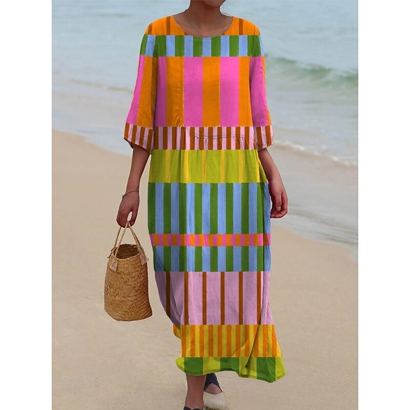 Women's Maxi Dress Kaftan 3/4 Length Sleeve Crew Neck Casual Shift Dress A Line Dress Dress Boho Daily Holiday Going out Geometric Pink Green Spring Fall
