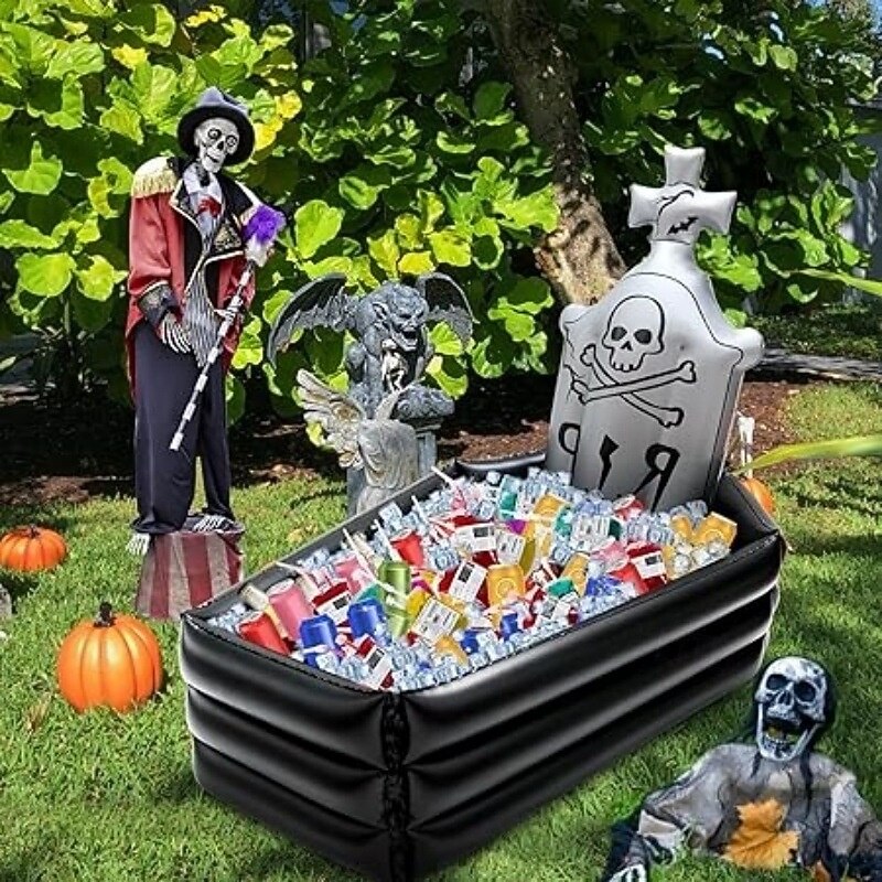 Halloween Inflatable Tombstone Coffin Drink Cooler Party Supplies, Halloween Party Beverage Holder for Indoor Outdoor Home Party Decorations Inflatable Serving Bar Drink Container