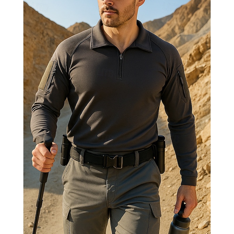 Men's Hiking Shirt Long Sleeve Turndown Tee Tshirt Top Outdoor Quick Dry Elastic Breathable Quarter-Zip Polyester Black Navy Blue Green Tennis Golf Running